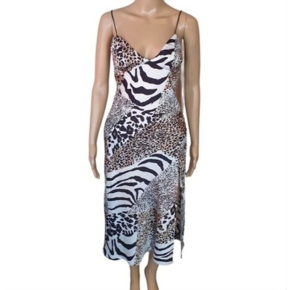 Blossom Silk Feel Midi Slip Dress Sze 8 zebra animal print split  RRP $79 cocktl